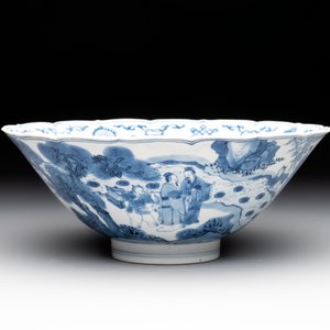 A rare Chinese blue and white 'Seven Sages of the Bamboo Grove' conical bowl, Kangxi mark and of the period — photo 4