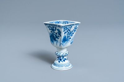 A rare Chinese blue and white tapered square quadrangular stem cup, Kangxi