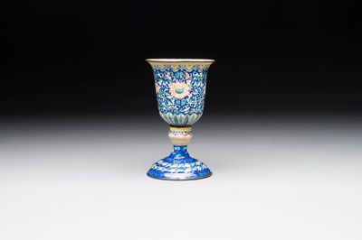 A rare Chinese blue-ground Canton enamel chalice after a European silver example, Qianlong