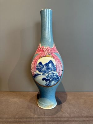A rare Chinese blue, white and famille rose vase with landscape design, Guangxu mark, dated 1908 — photo 1