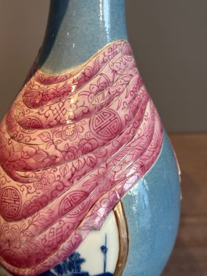 A rare Chinese blue, white and famille rose vase with landscape design, Guangxu mark, dated 1908 — photo 11