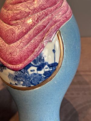 A rare Chinese blue, white and famille rose vase with landscape design, Guangxu mark, dated 1908 — photo 12