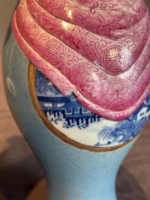 A rare Chinese blue, white and famille rose vase with landscape design, Guangxu mark, dated 1908 — photo 13