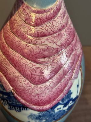 A rare Chinese blue, white and famille rose vase with landscape design, Guangxu mark, dated 1908 — photo 14
