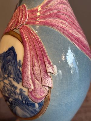A rare Chinese blue, white and famille rose vase with landscape design, Guangxu mark, dated 1908 — photo 16