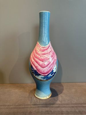 A rare Chinese blue, white and famille rose vase with landscape design, Guangxu mark, dated 1908 — photo 3