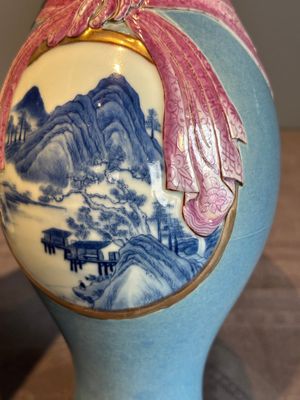 A rare Chinese blue, white and famille rose vase with landscape design, Guangxu mark, dated 1908 — photo 6