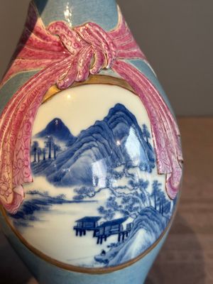 A rare Chinese blue, white and famille rose vase with landscape design, Guangxu mark, dated 1908 — photo 7