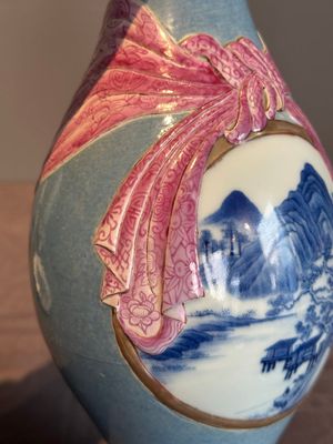 A rare Chinese blue, white and famille rose vase with landscape design, Guangxu mark, dated 1908 — photo 8