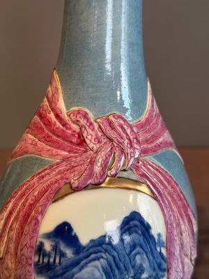 A rare Chinese blue, white and famille rose vase with landscape design, Guangxu mark, dated 1908 — photo 9