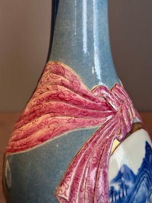A rare Chinese blue, white and famille rose vase with landscape design, Guangxu mark, dated 1908 — photo 10
