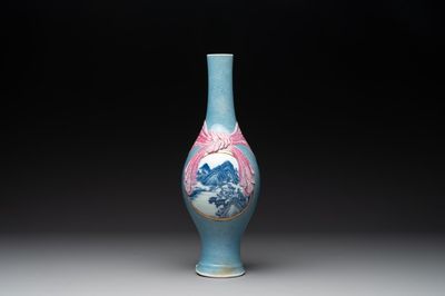A rare Chinese blue, white and famille rose vase with landscape design, Guangxu mark, dated 1908