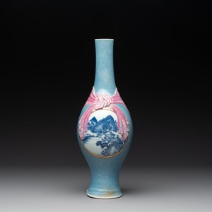 A rare Chinese blue, white and famille rose vase with landscape design, Guangxu mark, dated 1908 — photo 1