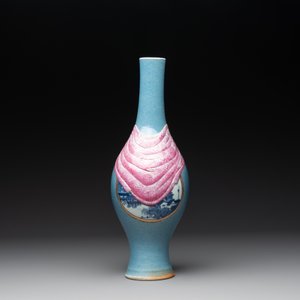A rare Chinese blue, white and famille rose vase with landscape design, Guangxu mark, dated 1908 — photo 3