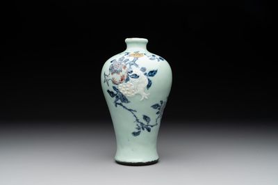 A rare Chinese blue, white and iron-red celadon-ground 'pomegranate' 'meiping' vase, Qianlong mark and of the period