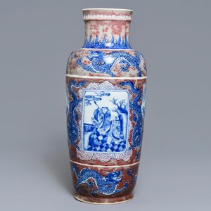 A rare Chinese blue, white and underglaze red rouleau vase, Kangxi — 照片 3