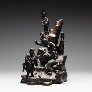 A rare Chinese bronze group depicting two immortals and various animals in a mountainous landscape, Ming — photo 1