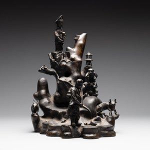 A rare Chinese bronze group depicting two immortals and various animals in a mountainous landscape, Ming — photo 2