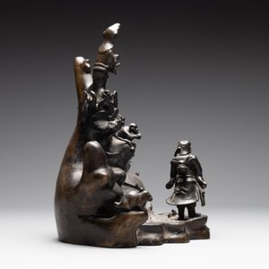 A rare Chinese bronze group depicting two immortals and various animals in a mountainous landscape, Ming — photo 4