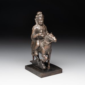 A rare Chinese bronze Vaishravana on horseback with wooden stand, Yuan — photo 1