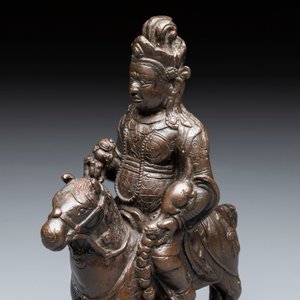 A rare Chinese bronze Vaishravana on horseback with wooden stand, Yuan — photo 4