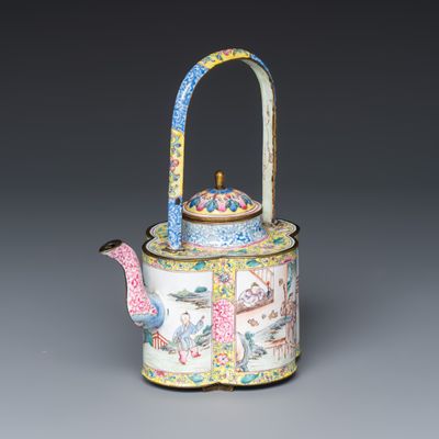 A rare Chinese Canton enamel teapot and cover, Qianlong