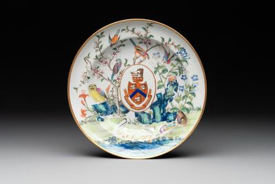 A rare Chinese Canton famille rose armorial dish with the arms of Wight, ca. 1810
