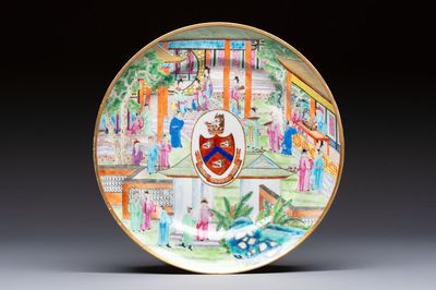 A rare Chinese Canton famille rose armorial dish with the arms of Wight, ca. 1810