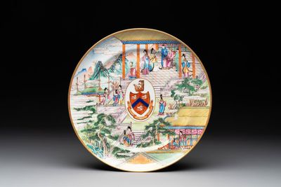 A rare Chinese Canton famille rose armorial dish with the arms of Wight, ca. 1810