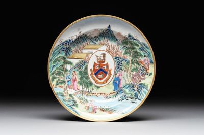 A rare Chinese Canton famille rose armorial soup plate with the arms of Wight, ca. 1810