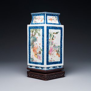 A rare Chinese Canton famille rose lozenge-shaped 'fisherman, woodcutter, farmer and scholar 漁樵耕讀圖' vase, Qianlong — 照片 1