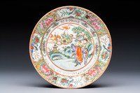 A rare Chinese Canton famille rose saucer inscribed 'Dr. D. Young', 19th C.