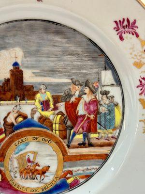A rare Chinese Dutch-decorated famille rose 'Brussels Clothtraders' plate, Qianlong, ca. 1740-1750 — photo 4