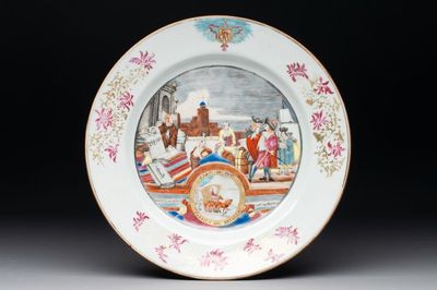 A rare Chinese Dutch-decorated famille rose 'Brussels Clothtraders' plate, Qianlong, ca. 1740-1750