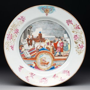 A rare Chinese Dutch-decorated famille rose 'Brussels Clothtraders' plate, Qianlong, ca. 1740-1750 — photo 1