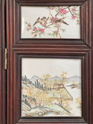 A rare Chinese eight-panel hongmu room divider with 48 qianjiang cai plaques, signed Jia Xingqing 贾醒卿, dated 1902 — photo 14