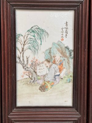 A rare Chinese eight-panel hongmu room divider with 48 qianjiang cai plaques, signed Jia Xingqing 贾醒卿, dated 1902 — photo 15
