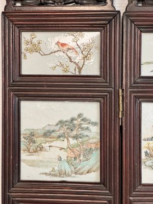 A rare Chinese eight-panel hongmu room divider with 48 qianjiang cai plaques, signed Jia Xingqing 贾醒卿, dated 1902 — photo 2