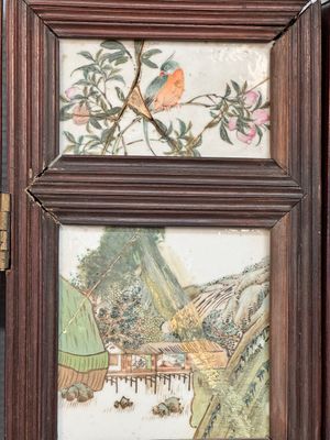 A rare Chinese eight-panel hongmu room divider with 48 qianjiang cai plaques, signed Jia Xingqing 贾醒卿, dated 1902 — photo 22