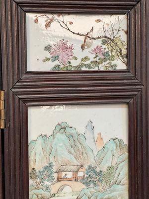 A rare Chinese eight-panel hongmu room divider with 48 qianjiang cai plaques, signed Jia Xingqing 贾醒卿, dated 1902 — photo 30