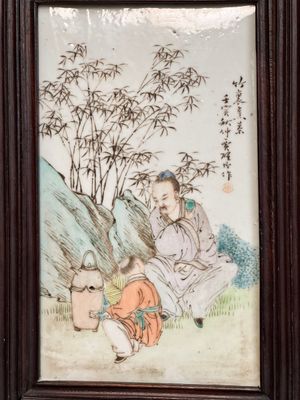 A rare Chinese eight-panel hongmu room divider with 48 qianjiang cai plaques, signed Jia Xingqing 贾醒卿, dated 1902 — photo 3