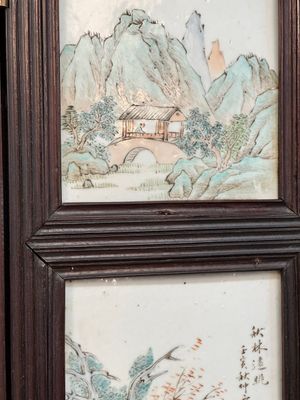 A rare Chinese eight-panel hongmu room divider with 48 qianjiang cai plaques, signed Jia Xingqing 贾醒卿, dated 1902 — photo 31