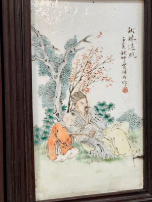 A rare Chinese eight-panel hongmu room divider with 48 qianjiang cai plaques, signed Jia Xingqing 贾醒卿, dated 1902 — photo 32