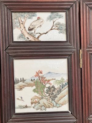 A rare Chinese eight-panel hongmu room divider with 48 qianjiang cai plaques, signed Jia Xingqing 贾醒卿, dated 1902 — photo 10