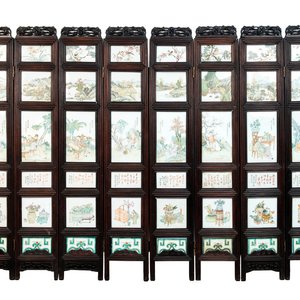 A rare Chinese eight-panel hongmu room divider with 48 qianjiang cai plaques, signed Jia Xingqing 贾醒卿, dated 1902 — photo 1