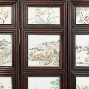 A rare Chinese eight-panel hongmu room divider with 48 qianjiang cai plaques, signed Jia Xingqing 贾醒卿, dated 1902 — photo 2