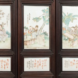 A rare Chinese eight-panel hongmu room divider with 48 qianjiang cai plaques, signed Jia Xingqing 贾醒卿, dated 1902 — photo 3