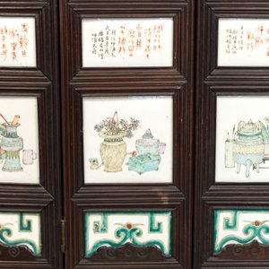 A rare Chinese eight-panel hongmu room divider with 48 qianjiang cai plaques, signed Jia Xingqing 贾醒卿, dated 1902 — photo 4