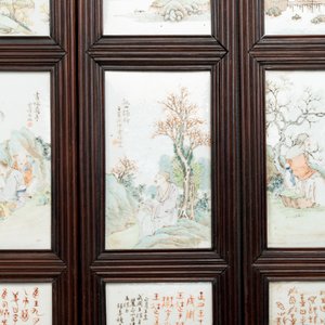 A rare Chinese eight-panel hongmu room divider with 48 qianjiang cai plaques, signed Jia Xingqing 贾醒卿, dated 1902 — photo 6