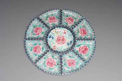 A rare Chinese enamelled Yixing stoneware nine-piece 'peonies' sweetmeat set, 19th C.